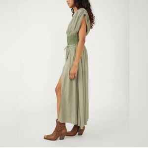 Free People‎ Devon Midi Dress women's small green crepe embroidered boho
